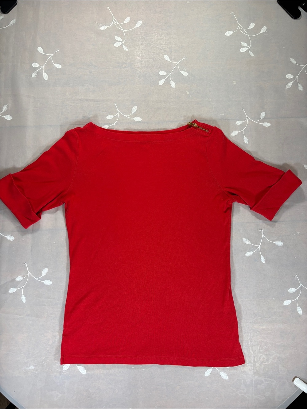 Ralph Lauren Bright Red Short-Sleeve Top with Shoulder Zip Accent Woman Small